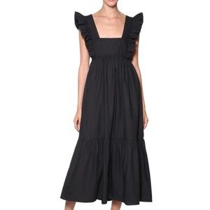 Self-portrait black ruffled cotton poplin casual maxi dress